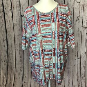 LuLaRoe XXS Irma Tunic Knit Top Oversized Shirt Red White Blue Geometric Design‎